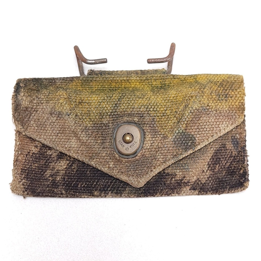 Vintage US Military Camouflage‎ Canvas Belt Pouch Star Pull Snap Hook Back USGI